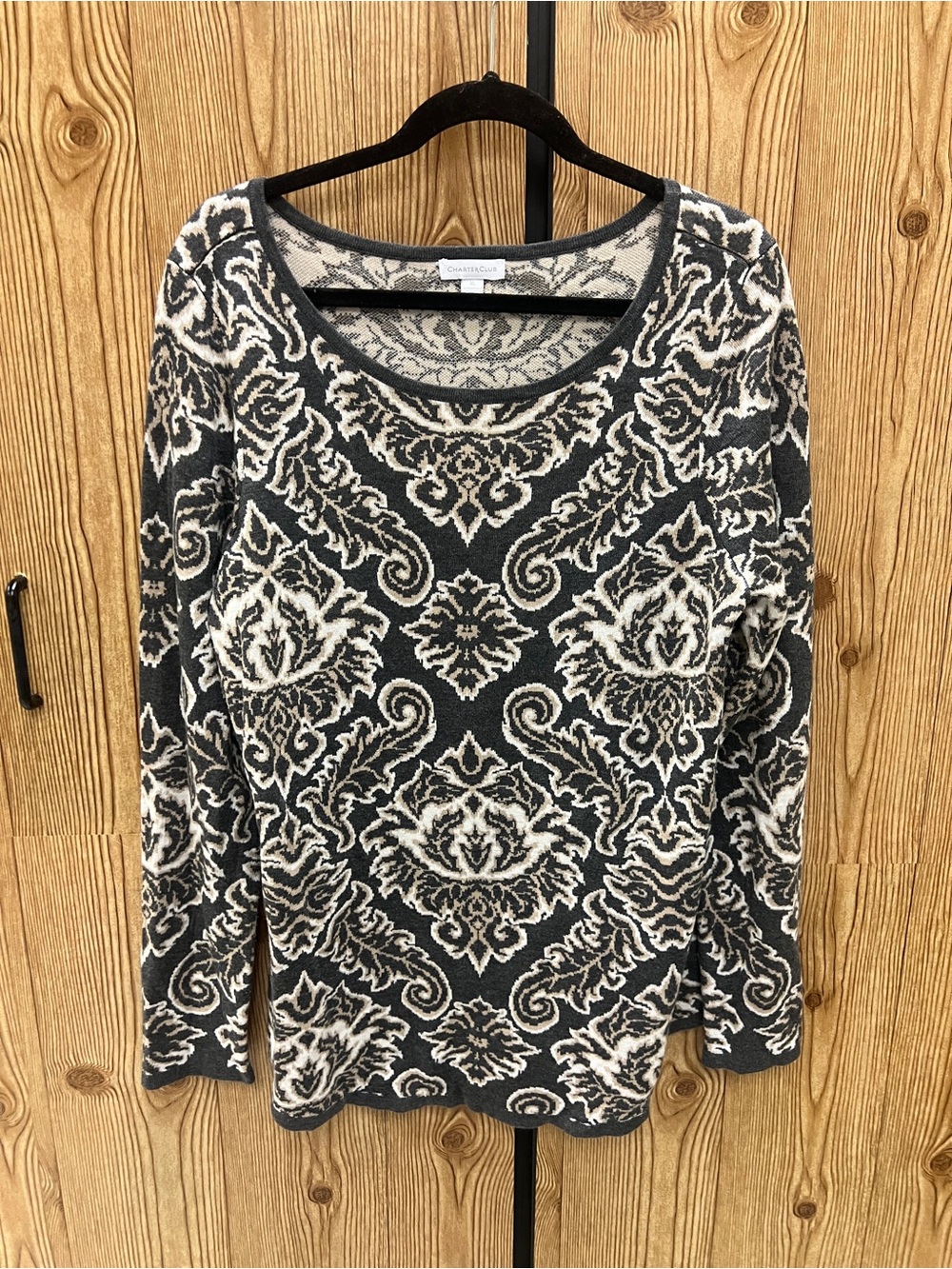 Charter Club Gray and Cream Patterned Long-Sleeve Knit Top